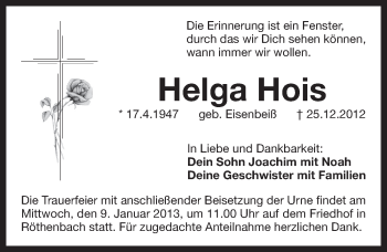 Traueranzeige von Helga Hois von Pegnitz-Zeitung